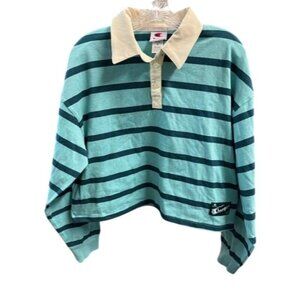 Champion Striped Long-Sleeve‎ Cropped Rugby Shirt Turquoise/Navy Large